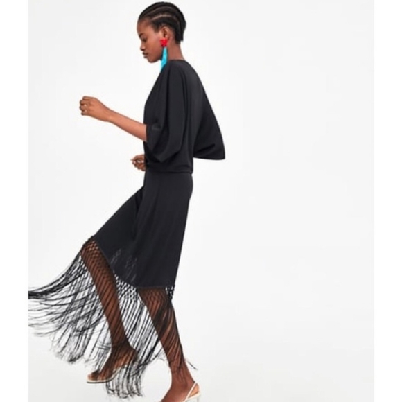 NWOT ZARA BLOGGER FAV MIDI DRESS W ASYMMETRICAL FRINGE & KIMONO SLEEVES Sz: S - Picture 6 of 16
